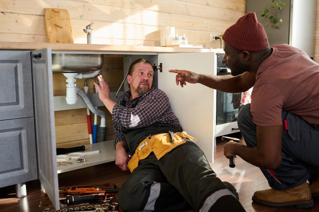 Experienced plumber mentoring team member